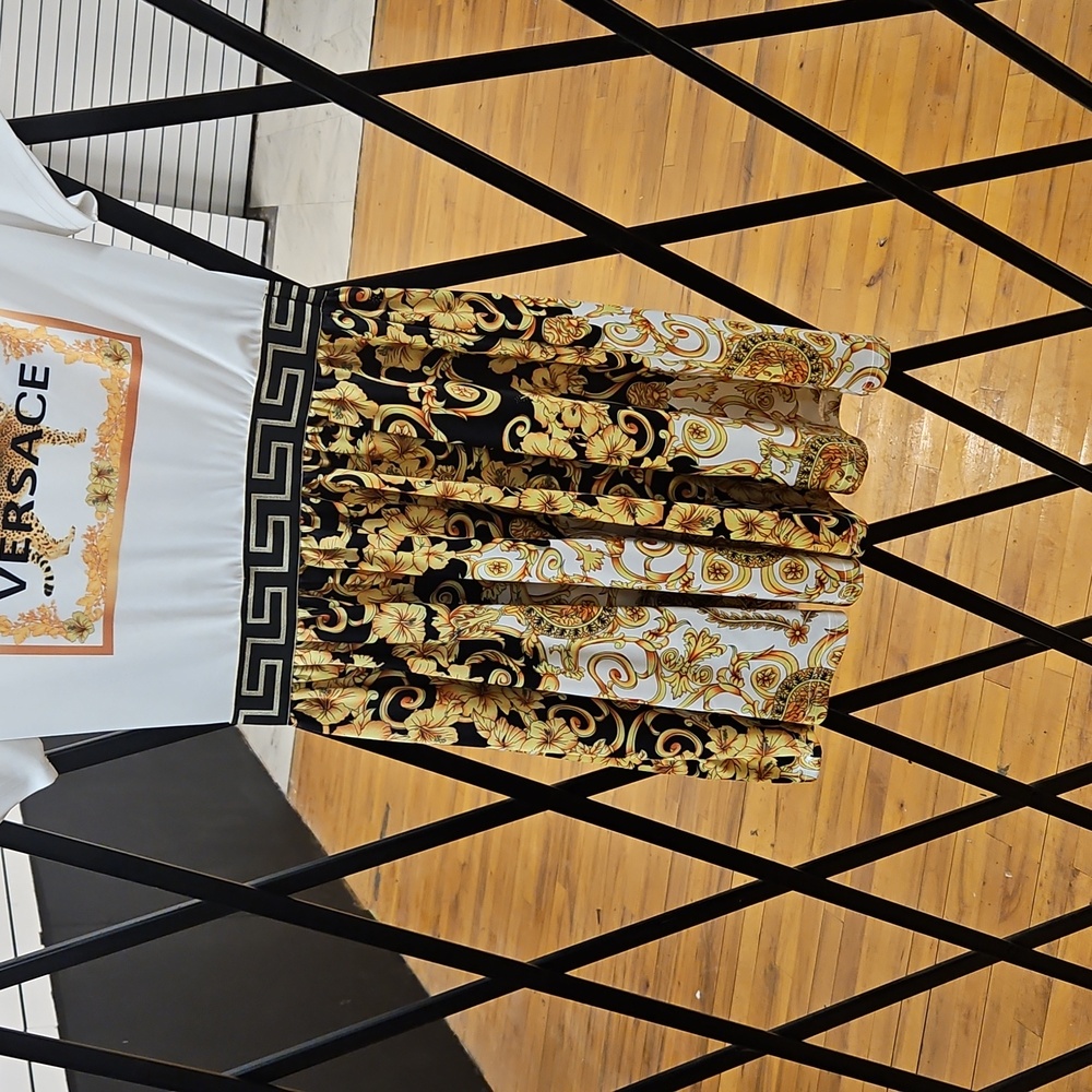 White and Gold Baroque Print Casual Dress with Logo Panel - Picture 2 of 4